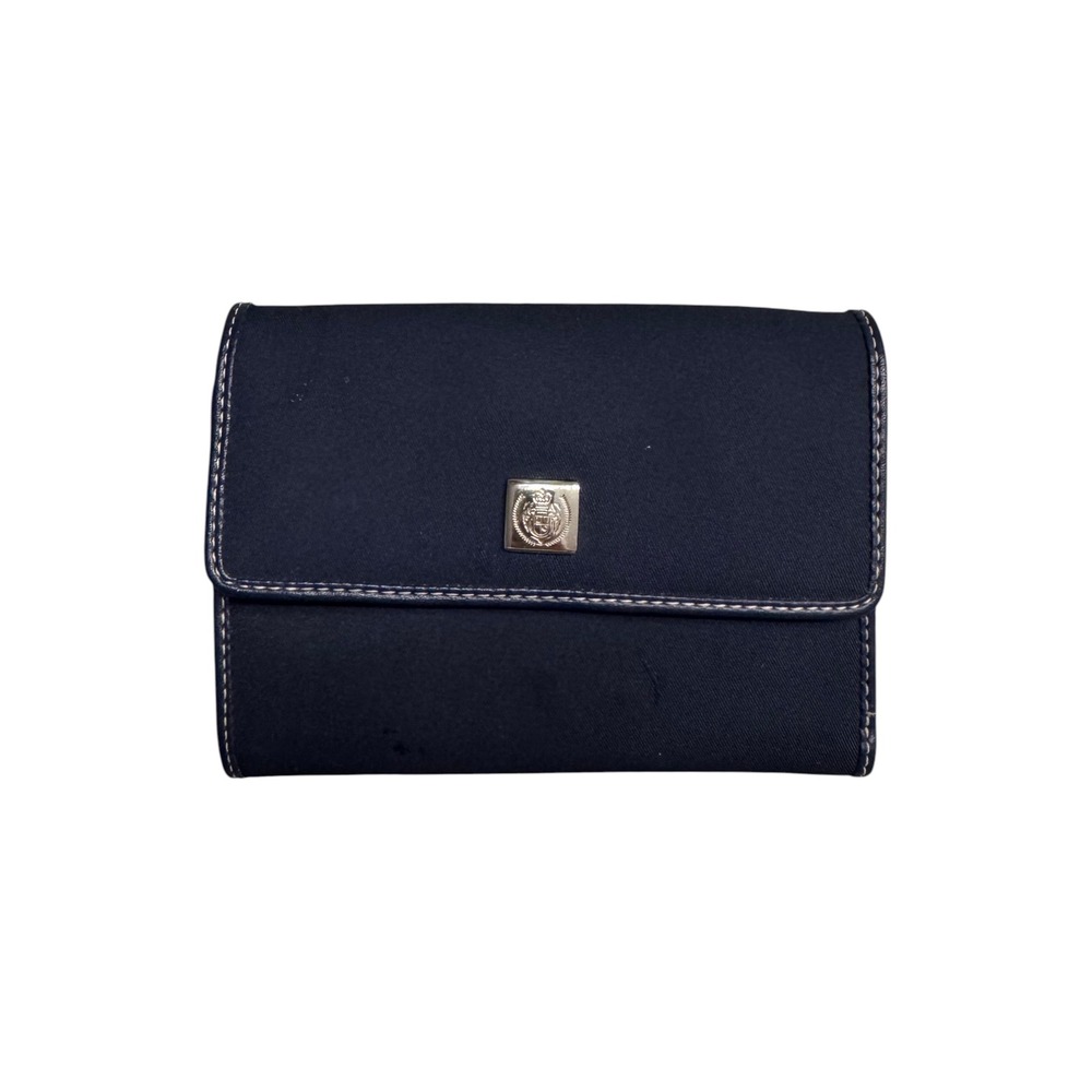 Liz Claiborne Navy Blue Canvas Trifold Wallet Red Interior Silver Crest Logo